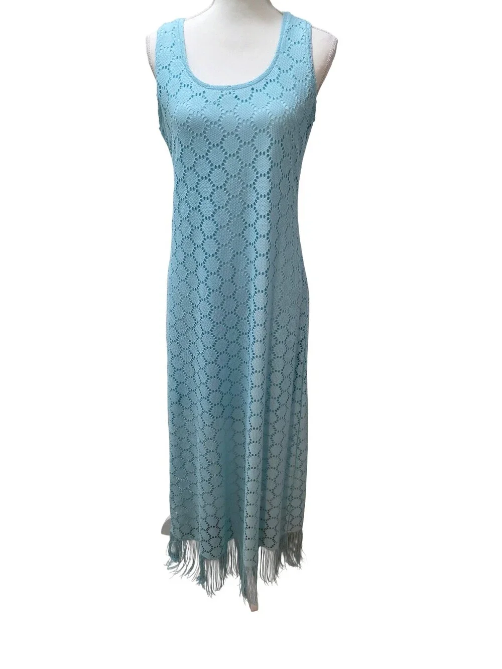 Melissa Paige Blue Crochet Fringe Maxi Dress Boho Size Small, EUC - Picture 2 of 6
